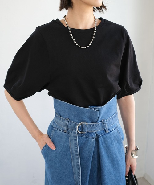 ANDJ(アンドジェイ)の「ランタンスリーブ半袖Tシャツ(Tシャツ/カットソー・レディース・ブラック/オフホワイト/グリーン・M)」の3枚目の写真