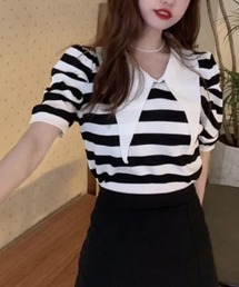 H.Warren（エイチウォーレン）の「ビッグカラーボーダー半袖パフスリーブニット（Tシャツ/カットソー）」