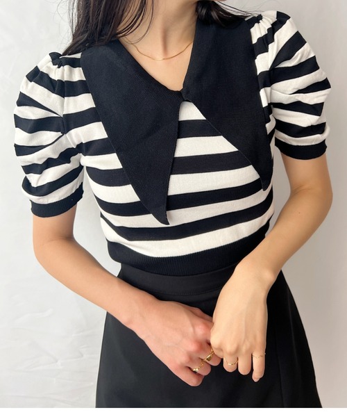 ビッグカラーボーダー半袖パフスリーブニット（Tシャツ
