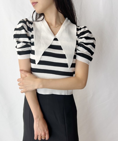 ビッグカラーボーダー半袖パフスリーブニット（Tシャツ