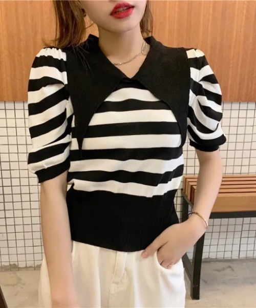 ビッグカラーボーダー半袖パフスリーブニット（Tシャツ