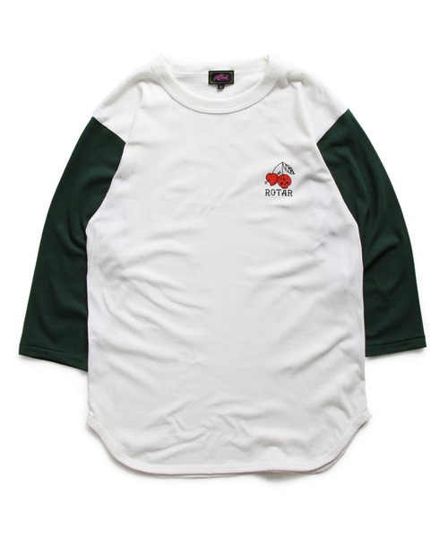 ROTAR(ローター)の「CHERRY 1p BB Tee ベースボール セットイン 七分袖(Tシャツ/カットソー・メンズ・ホワイト×グリーン/ブルー系/スミクロ・LARGE/X-LARGE/SMALL/MEDIUM)」の1枚目の写真