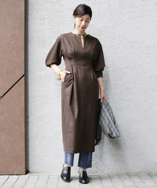 セール】ウール圧縮スムース ウエストシェイプワンピ―ス