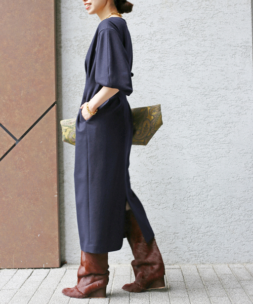 セール】ウール圧縮スムース ウエストシェイプワンピ―ス