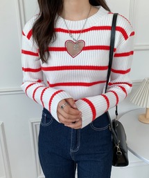 2022AW ハート柄ワンポイント刺繍ボーダーリブニット