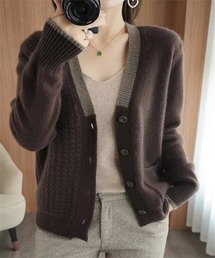 Vネック配色ニットカーディガン