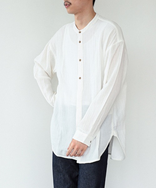 BEAMS LIGHTS（ビームスライツ）の「BEAMS LIGHTS / ダブルガーゼ バンドカラーシャツ（シャツ/ブラウス・メンズ・ベージュ/オフホワイト・S/M/L）」の8枚目の写真
