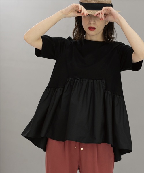 OPAQUE.CLIP(オペークドットクリップ)の「◆シルク調コットン 異素材Aラインカットソー【洗える】(Tシャツ/カットソー・レディース・ベージュ/ブラック/ブルー/ホワイト系/ブラウン系その他/ダークブラウン・42/40/38/36/34)」の7枚目の写真