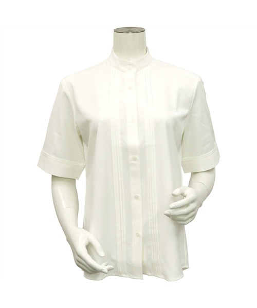 TOKYO SHIRTS(トウキョウシャツ)の「【吸水速乾】【COFREX】スタンドカラー ピンタック 五分袖ブラウス(ビジネスシャツ・レディース・ホワイト・S/M/L/LL)」の4枚目の写真