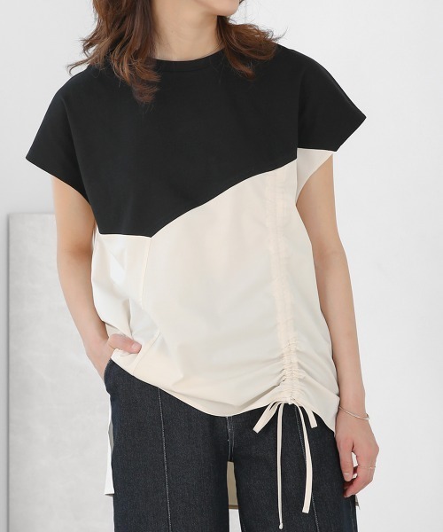 Bou Jeloud(ブージュルード)の「異素材切替サイドドロストカットソー(Tシャツ/カットソー・レディース・アイボリー/ブラック系その他/オフホワイト・FREE)」の1枚目の写真