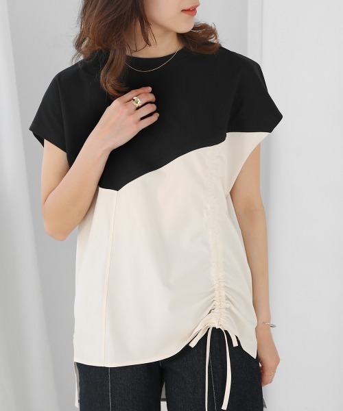 Bou Jeloud(ブージュルード)の「異素材切替サイドドロストカットソー(Tシャツ/カットソー・レディース・アイボリー/ブラック系その他/オフホワイト・FREE)」の13枚目の写真