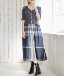 配色×チェックドッキングワンピース