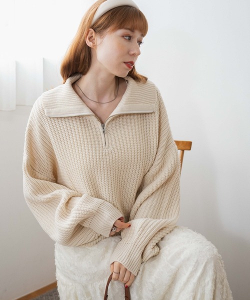 WEGO（ウィゴー）の「WEGO/ハーフジップショートニットプルオーバー（ニット/セーター・レディース・ブラック/グリーン/アイボリー/ブラック系その他・FREE）」の10枚目の写真