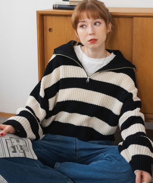 WEGO（ウィゴー）の「WEGO/ハーフジップショートニットプルオーバー（ニット/セーター・レディース・ブラック/グリーン/アイボリー/ブラック系その他・FREE）」の21枚目の写真