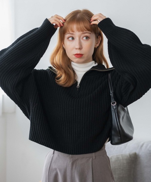 WEGO（ウィゴー）の「WEGO/ハーフジップショートニットプルオーバー（ニット/セーター・レディース・ブラック/グリーン/アイボリー/ブラック系その他・FREE）」の16枚目の写真