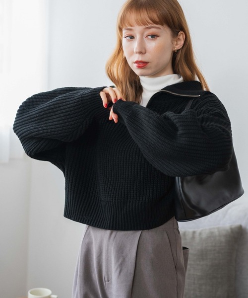 WEGO（ウィゴー）の「WEGO/ハーフジップショートニットプルオーバー（ニット/セーター・レディース・ブラック/グリーン/アイボリー/ブラック系その他・FREE）」の17枚目の写真