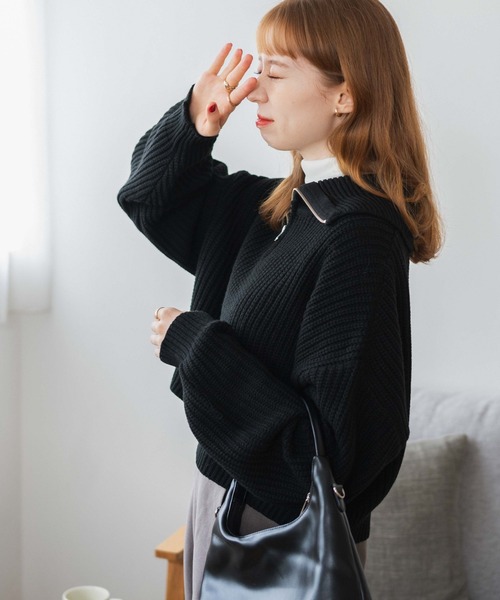 WEGO（ウィゴー）の「WEGO/ハーフジップショートニットプルオーバー（ニット/セーター・レディース・ブラック/グリーン/アイボリー/ブラック系その他・FREE）」の18枚目の写真