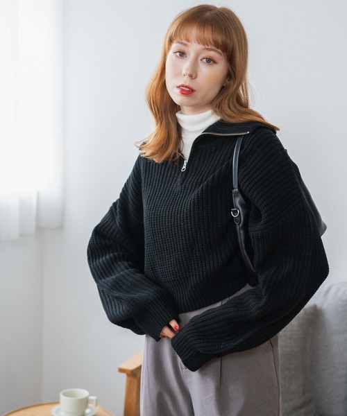 WEGO（ウィゴー）の「WEGO/ハーフジップショートニットプルオーバー（ニット/セーター・レディース・ブラック/グリーン/アイボリー/ブラック系その他・FREE）」の19枚目の写真