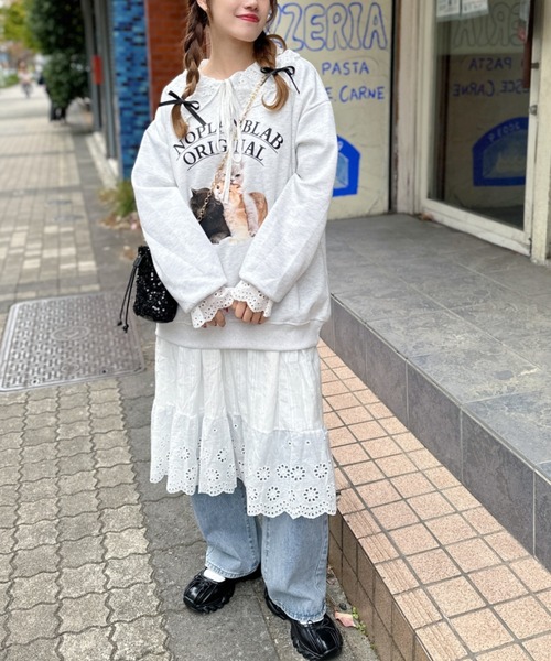 ゆったりサイズ襟フリルコットンローウエストワンピース♡.＊ ブルー