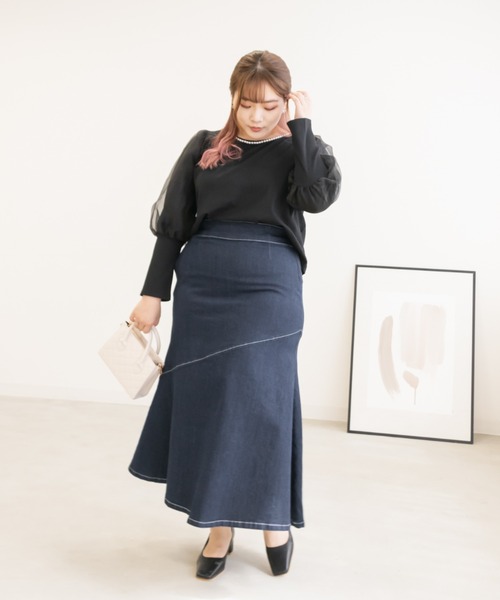 CLETTE(クレット)の「パール使い袖オーガンジープルオーバー(Tシャツ/カットソー・レディース・オフホワイト/ブラック/ブルー・LL/4L/3L)」の10枚目の写真