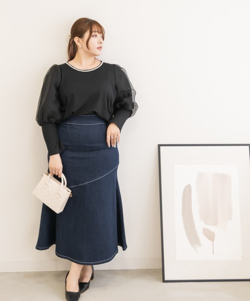 CLETTE(クレット)の「パール使い袖オーガンジープルオーバー(Tシャツ/カットソー・レディース・オフホワイト/ブラック/ブルー・LL/4L/3L)」の11枚目の写真