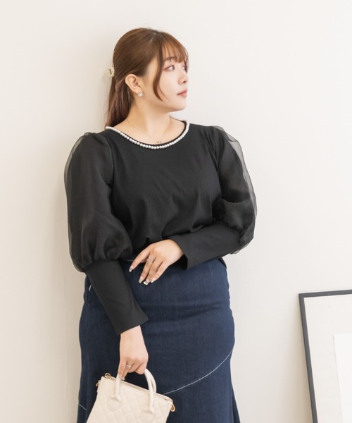 CLETTE(クレット)の「パール使い袖オーガンジープルオーバー(Tシャツ/カットソー・レディース・オフホワイト/ブラック/ブルー・LL/4L/3L)」の12枚目の写真