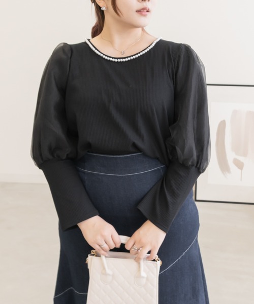 CLETTE(クレット)の「パール使い袖オーガンジープルオーバー(Tシャツ/カットソー・レディース・オフホワイト/ブラック/ブルー・LL/4L/3L)」の13枚目の写真