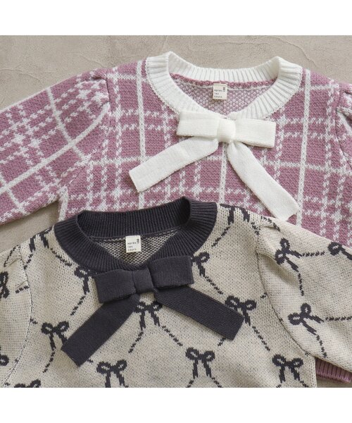 apres les cours（アプレレクール）の「チェック・リボン柄ボウタイニットセットアップ（セットアップ・キッズ・ピンク/アイボリー・120/130/90/110/100）」の12枚目の写真