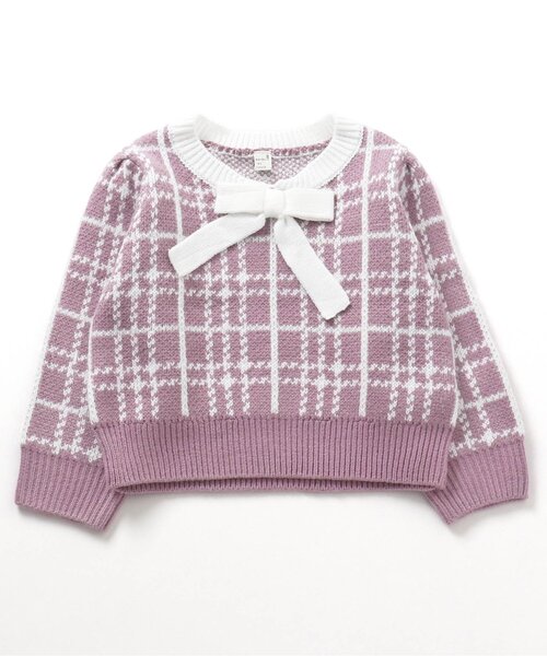 apres les cours（アプレレクール）の「チェック・リボン柄ボウタイニットセットアップ（セットアップ・キッズ・ピンク/アイボリー・120/130/90/110/100）」の5枚目の写真