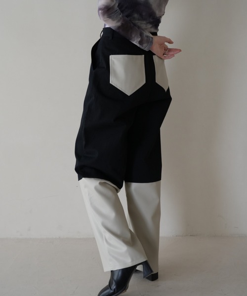 Uenui クロス　デザイン　カットアウト　パンツ　バイカラー　ツートーン クロス デザイン カットアウト パンツ バイカラー ツートーン