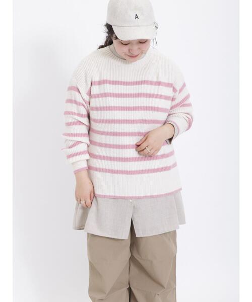 Samansa Mos2(サマンサ モスモス)の「ケーブル編みボーダー柄前後2WAYカーディガン(カーディガン/ボレロ・レディース・ピンク/ベージュ/イエロー/ブルー/オフホワイト/ミント・F)」の18枚目の写真