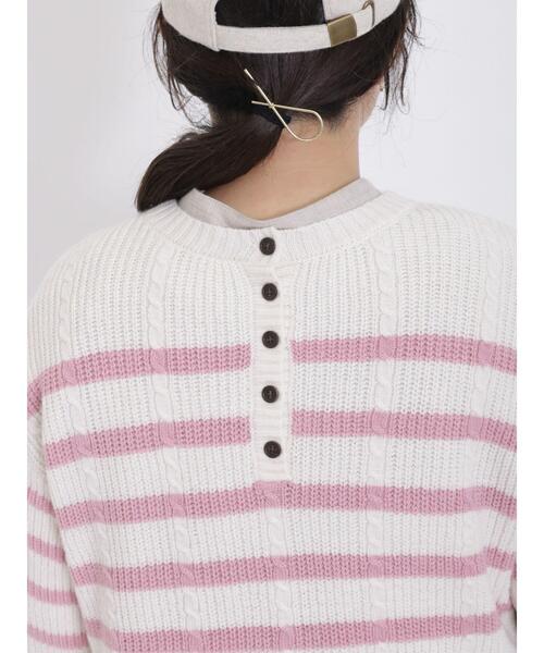 Samansa Mos2(サマンサ モスモス)の「ケーブル編みボーダー柄前後2WAYカーディガン(カーディガン/ボレロ・レディース・ピンク/ベージュ/イエロー/ブルー/オフホワイト/ミント・F)」の15枚目の写真