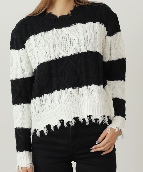 セール】△DAMAGE CABLE KNIT / ダメージケーブルニットトップス