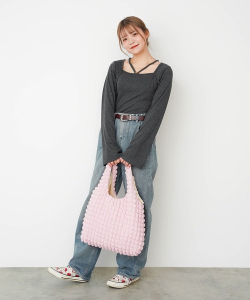 mimi toujours(ミミトゥジュール)の「スクエアネック ボレロ風 レイヤード トップス mimi toujours×ももはな(Tシャツ/カットソー・レディース・ホワイト/ブラック・M)」の6枚目の写真