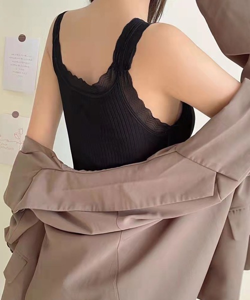 Lace Ladies(レースレディース)の「スカラップ レース Vネック 裏起毛 カップイン キャミソール(キャミソール・レディース・グレー/ブラック/ピンク/ブラウン・FREE)」の5枚目の写真