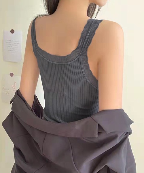 Lace Ladies(レースレディース)の「スカラップ レース Vネック 裏起毛 カップイン キャミソール(キャミソール・レディース・グレー/ブラック/ピンク/ブラウン・FREE)」の6枚目の写真