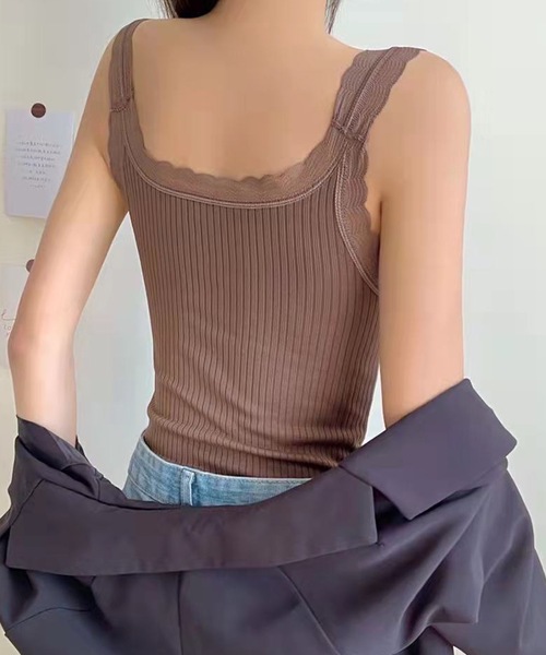 Lace Ladies(レースレディース)の「スカラップ レース Vネック 裏起毛 カップイン キャミソール(キャミソール・レディース・グレー/ブラック/ピンク/ブラウン・FREE)」の7枚目の写真