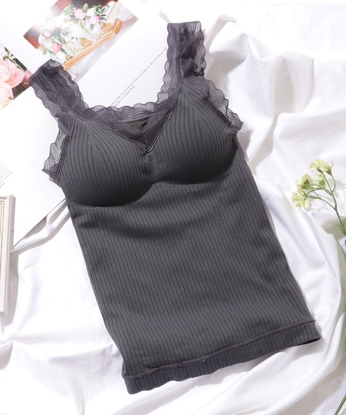 Lace Ladies(レースレディース)の「スカラップ レース Vネック 裏起毛 カップイン キャミソール(キャミソール・レディース・グレー/ブラック/ピンク/ブラウン・FREE)」の9枚目の写真
