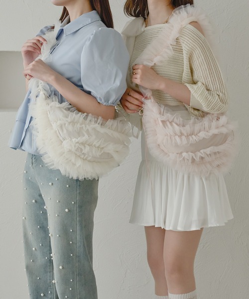 Ambre Neige（アンブルネージュ）の「チュールフリルバッグ／WEB/EC限定商品（ショルダーバッグ・レディース・ベビーピンク/ライトグレー/アイボリー・FREE）」の6枚目の写真