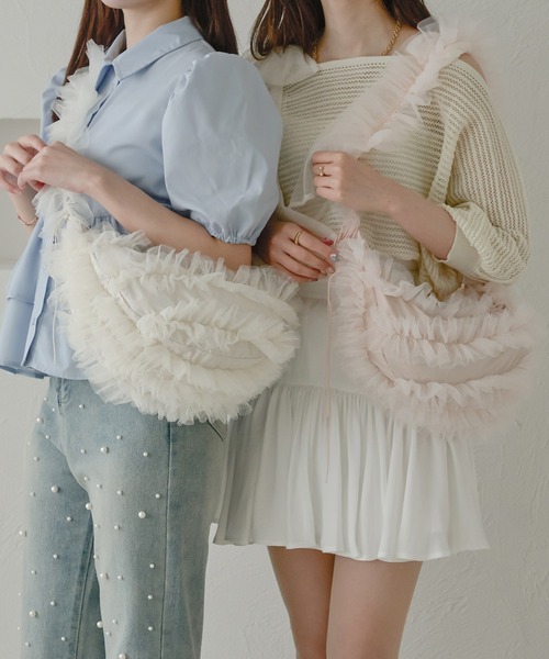 Ambre Neige（アンブルネージュ）の「チュールフリルバッグ／WEB/EC限定商品（ショルダーバッグ・レディース・ベビーピンク/ライトグレー/アイボリー・FREE）」の5枚目の写真