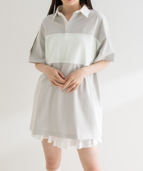 OLIVE des OLIVE(オリーブデオリーブ)の「配色ラガーシャツワンピ(ワンピース・レディース・サックスブルー/ブラック/ライトグレー・FREE)」の2枚目の写真