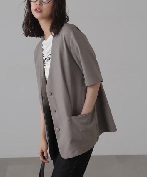 FREE'S MART（フリーズマート）の「◆リネンライクハーフスリーブジャケット（ノーカラージャケット・レディース・グレー/グレー系その他・SMALL/MEDIUM）」の13枚目の写真