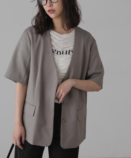 FREE'S MART（フリーズマート）の「◆リネンライクハーフスリーブジャケット（ノーカラージャケット・レディース・グレー/グレー系その他・SMALL/MEDIUM）」の11枚目の写真