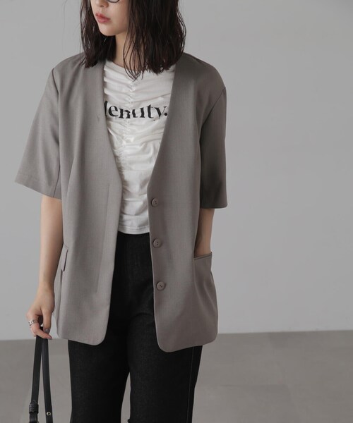 FREE'S MART（フリーズマート）の「◆リネンライクハーフスリーブジャケット（ノーカラージャケット・レディース・グレー/グレー系その他・SMALL/MEDIUM）」の10枚目の写真