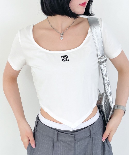 Heather(ヘザー)の「ヘムデザインショートスリーブカットソー 133945(Tシャツ/カットソー・レディース・グレー/ホワイト/チャコールグレー・FREE)」の1枚目の写真