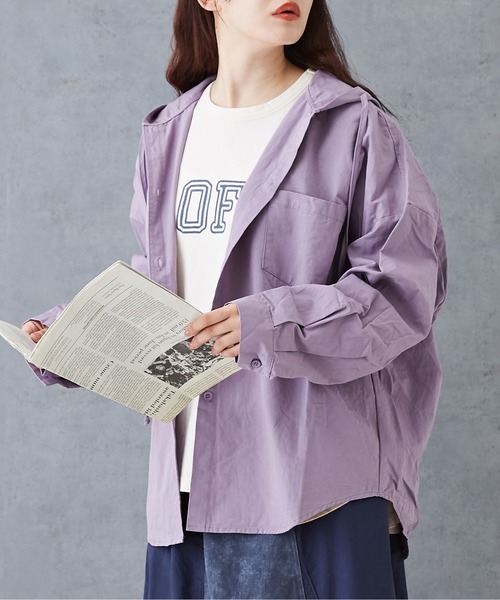 CUBE SUGAR（キューブシュガー）の「フード付きワイドシャツ（シャツ/ブラウス・レディース・イエロー/パープル/ブラック・M）」の3枚目の写真