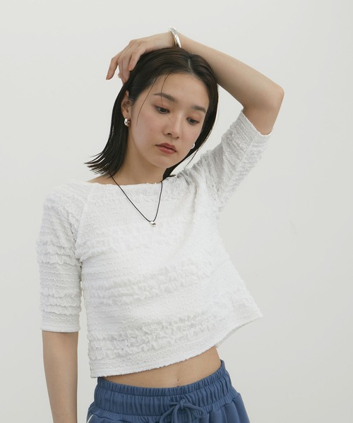 VIS(ビス)の「【洗える】ポコポコジャガードTシャツ(Tシャツ/カットソー・レディース・ブラック/ホワイト・FREE)」の7枚目の写真