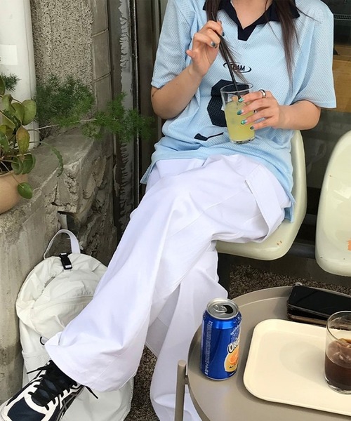LYEON(リヨン)の「ナンバリングメッシュポロプルオーバー/オーバーサイズメッシュTシャツ/ユニフォームT(Tシャツ/カットソー・レディース・ブルー/オフホワイト・FREE)」の6枚目の写真