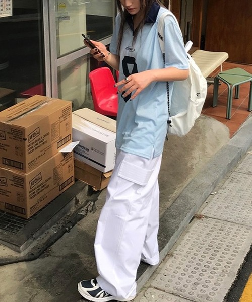 LYEON(リヨン)の「ナンバリングメッシュポロプルオーバー/オーバーサイズメッシュTシャツ/ユニフォームT(Tシャツ/カットソー・レディース・ブルー/オフホワイト・FREE)」の7枚目の写真