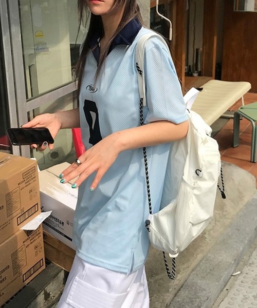 LYEON(リヨン)の「ナンバリングメッシュポロプルオーバー/オーバーサイズメッシュTシャツ/ユニフォームT(Tシャツ/カットソー・レディース・ブルー/オフホワイト・FREE)」の9枚目の写真